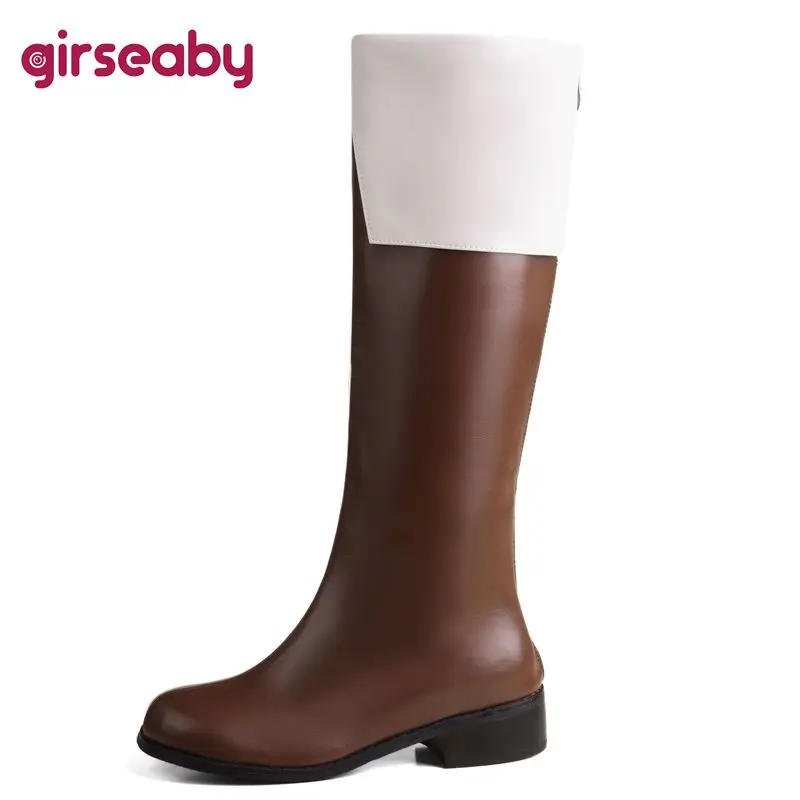 Girseaby Женские сапоги до колена в стиле ретро с круглым носком и блочным каблуком