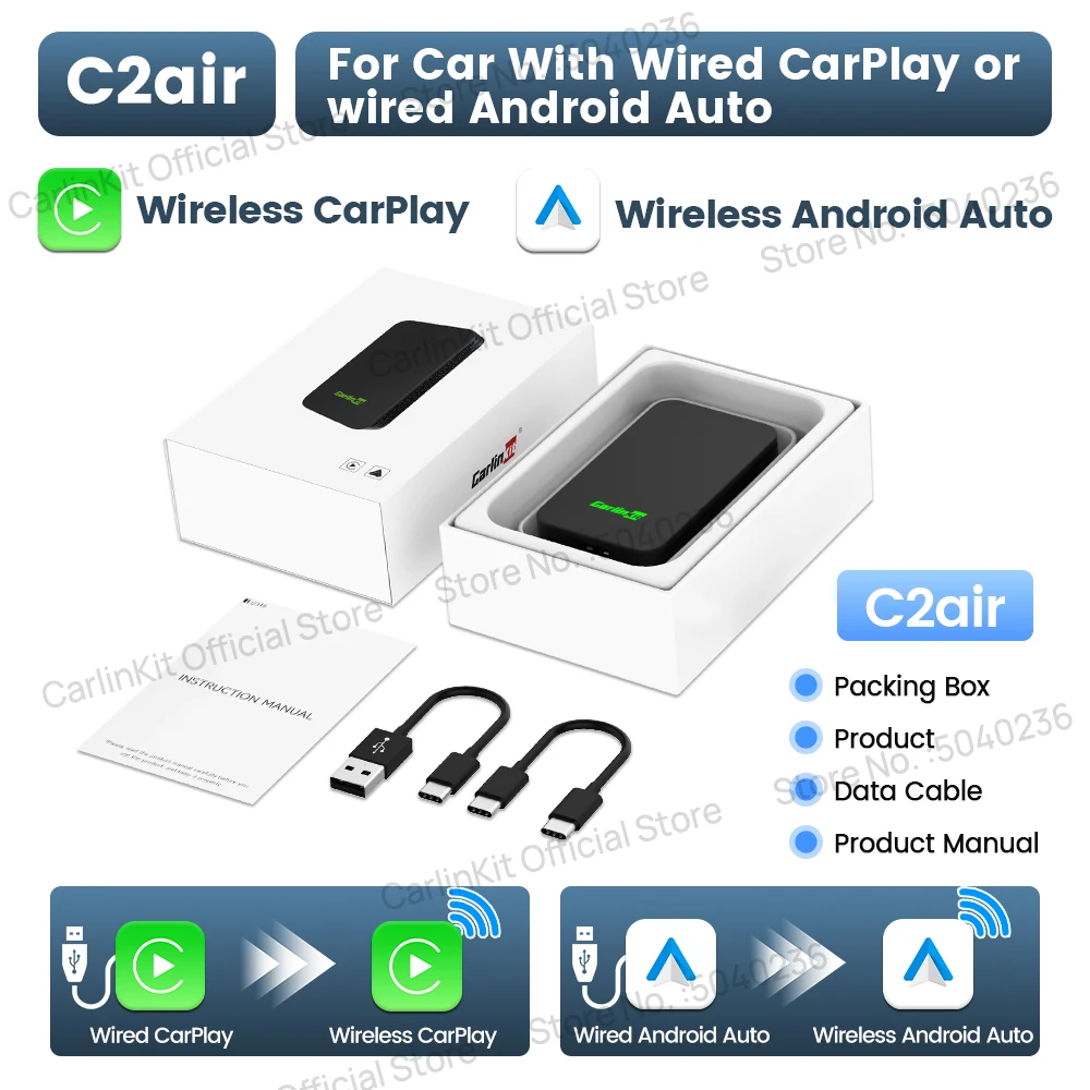

Carlinkit 5.0 C2Air Беспроводной Адаптер CarPlay Android Auto OEM, Plug And Play, Wi-Fi, Bluetooth