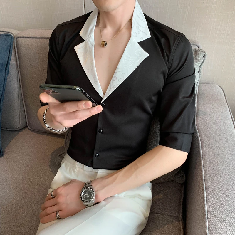 

2022 British Style Men In The Summer High Quality Casual Short Sleeve Shirts/Male Slim Fit Lapel Pure Color Business Shirts 4XL