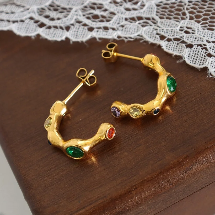 

Colored Zircon Stud Earrings Stainless Steel Earring For Women Fashion Girls C Type Ear Jewelry Party Wedding Gift High Quality