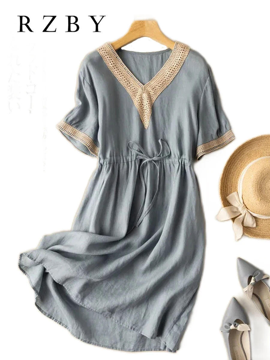 

V Neck Vestidos Elegantes Para Mujer Cotton Fashion Women Dress Summer Robe Femme été Belt Ropa Mujer Sexy Clothing RZBY2059