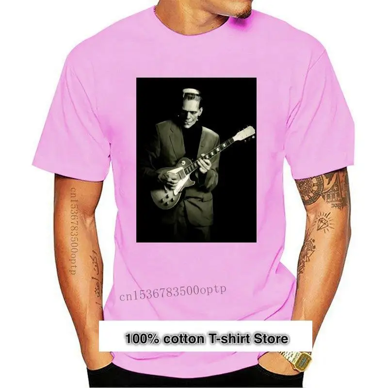 

Camiseta divertida con temática de Frankenstein, guitarras, Rock, azules y música, nueva