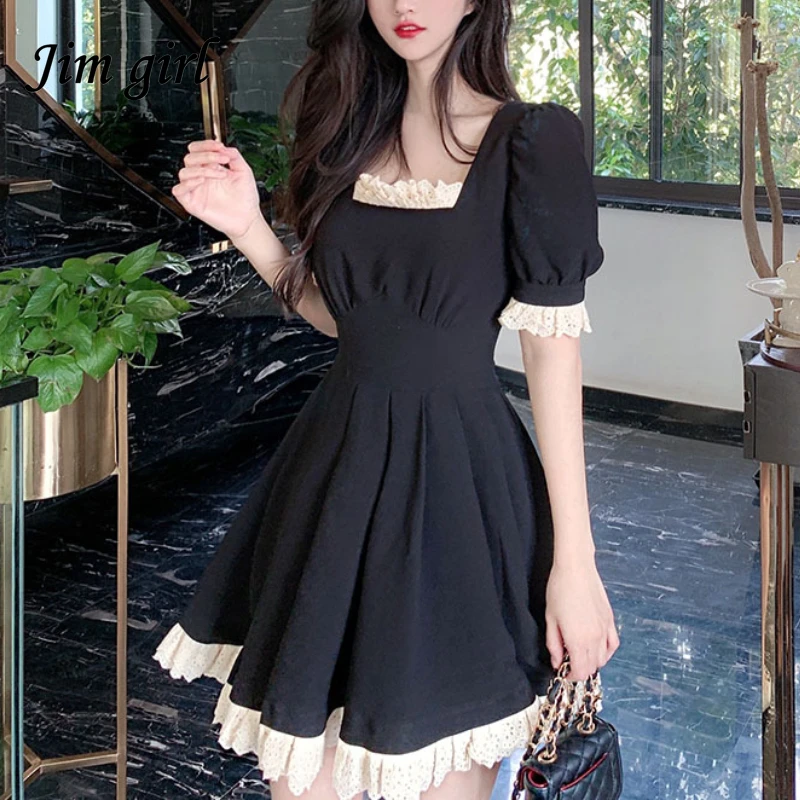 

Vintage Square Collar Y2k Mini Dress For Women Suumer Party Evening Gothic Lolita Dress Japanese Style Elegant Black Dress