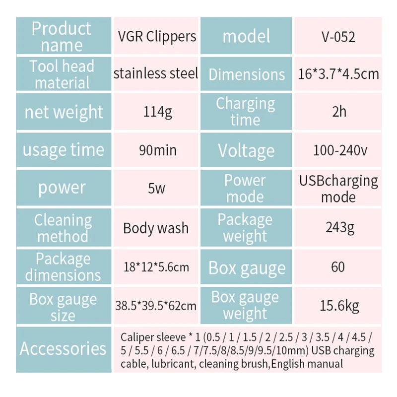 VGR 052 машинка для стрижки волос профессиональная USB перезаряжаемый