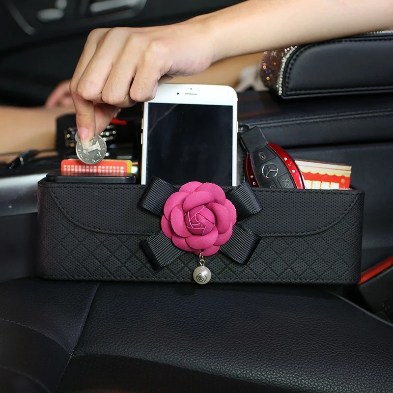 

Camellia Flower Car Seat Crevice Storage Box Leather Plaid Auto Seats Gap Phone Coin Card Organizers Auto Seat Gap Pockets Black
