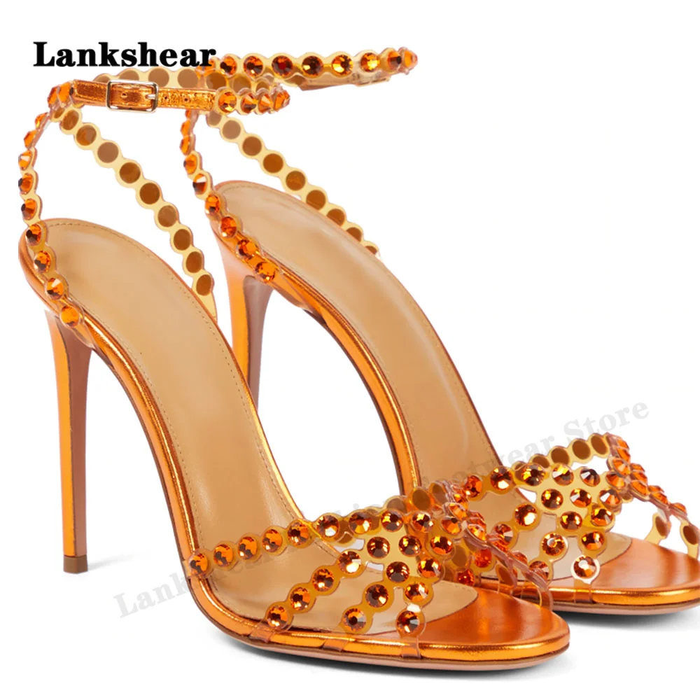 Stiletto Heels Crystal Bling Bling Rhinestone Sandals Slingback Ankle Strap Shoes Women Peep Toe Summer Sandals Large Size 34-43