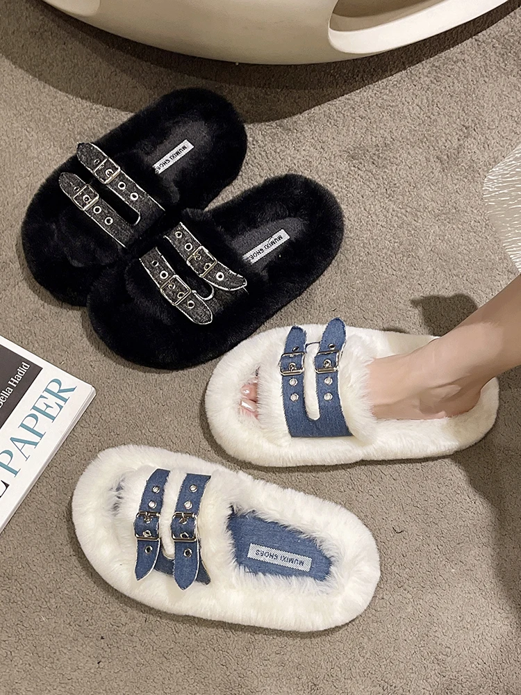 

Home Slippers Women's Shoes Pantofle Slides Platform Flock Med Fashion Fur Flip Flops Massage 2023 Soft Flat Luxury Plush Rome F