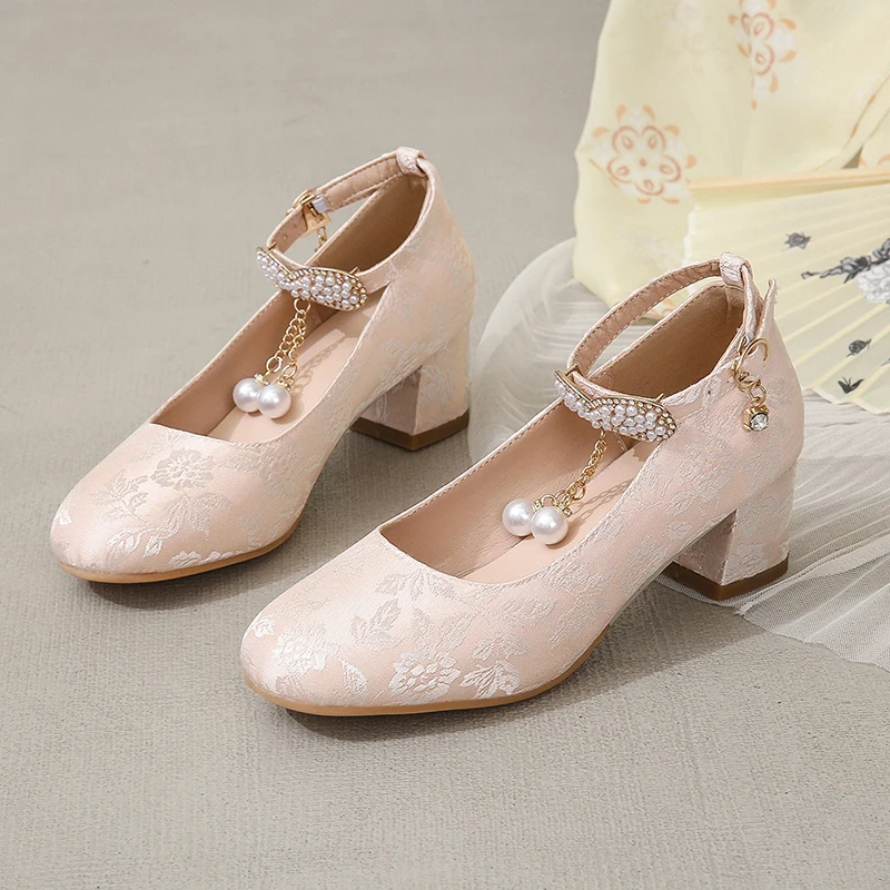 Женские туфли-лодочки с жемчугом розовые или бежевые туфли в китайском стиле