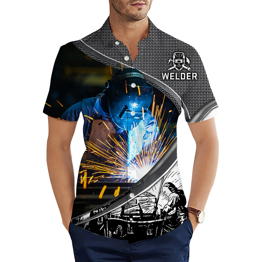 

Модные мужские рубашки HX, Повседневная рубашка с 3D-принтом сварщика, рубашки с лацканами и коротким рукавом для мужчин, топы, Мужская одежда, рубашки