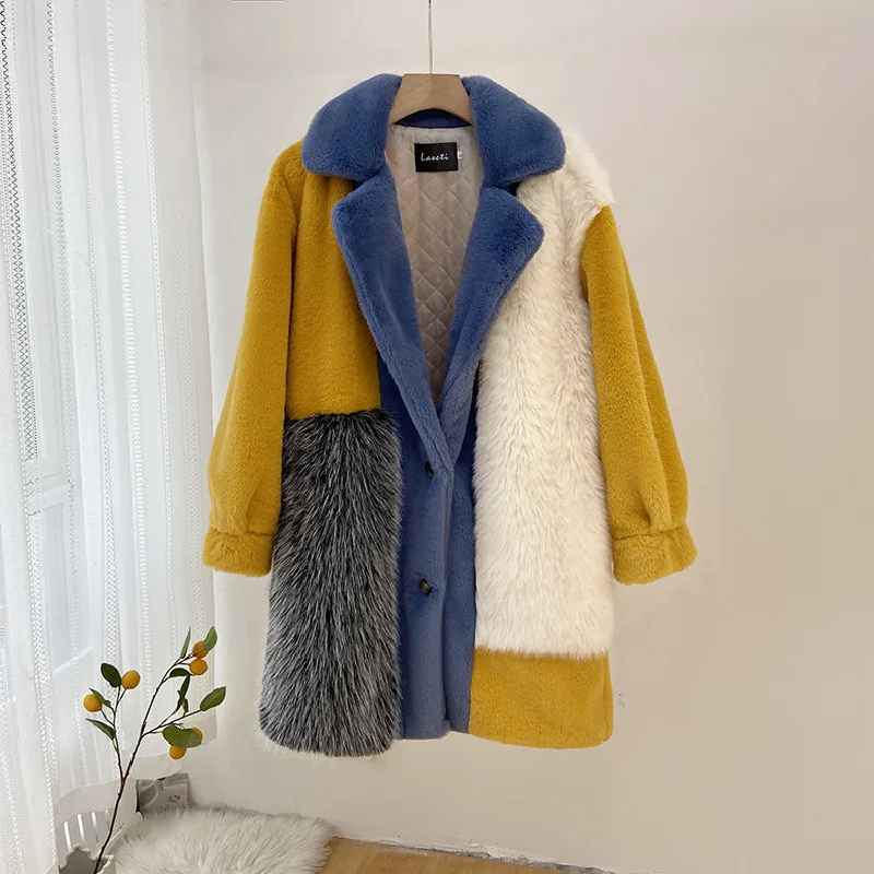 Trend Faux Fur Winter Jacket Women 2022 Fashion Patchwork Casual Loose Thick Warm Cotton Lining Long Coat Female Outwear Clothes