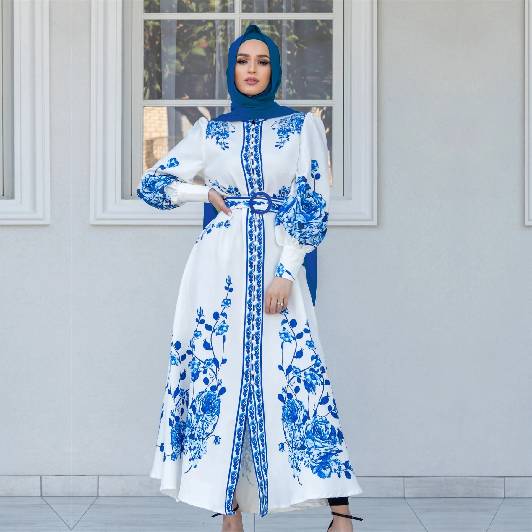 Turkish Abaya For Women Tasbih Musulman Long Sleeve Stand Collar Printed Large Swing Dress Islam Moroccan Caftan Woman Clothing