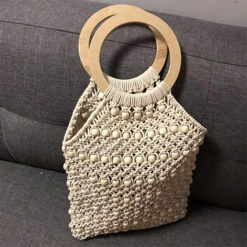 

2022 Summer Women'S Bags Japanese Straw Woven Bag Rattan Handbag Beaded Hollow Cotton Rope Seaside Vacation Weaving Beach