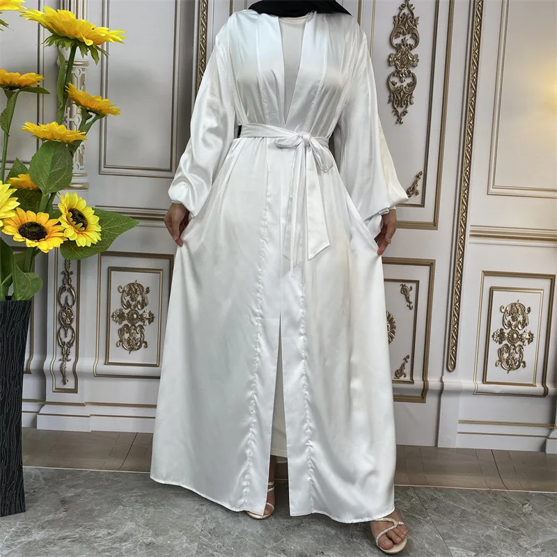 Muslim Fashion Dress Thin Satin Tie Lantern Cuff Cardigan Abaya Dubai Arabic Dress Islamic Clothing for Women Jalabiya Kaftan