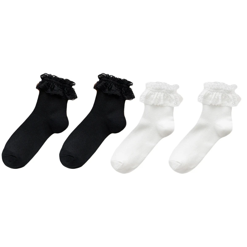 

Women Girls Sweet Ruffle Frilly Lace Short Crew Socks Japanese School Solid Color Breathable Mesh Princess Cotton
