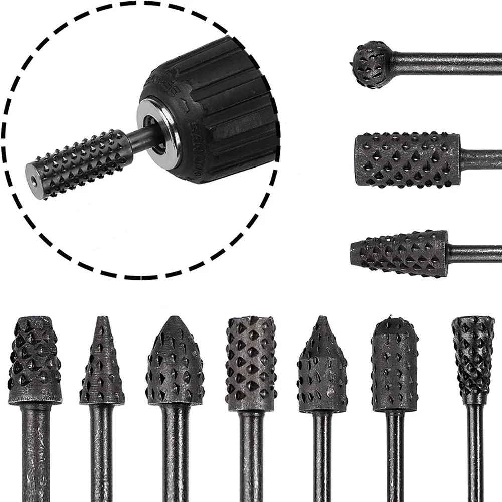 

10pcs 3mm Shank Rotary Burr Rasp Set Carbon Steel Wood Carving File Drill Bits Mini Round Burr Wood Carving File Rasp Power Tool