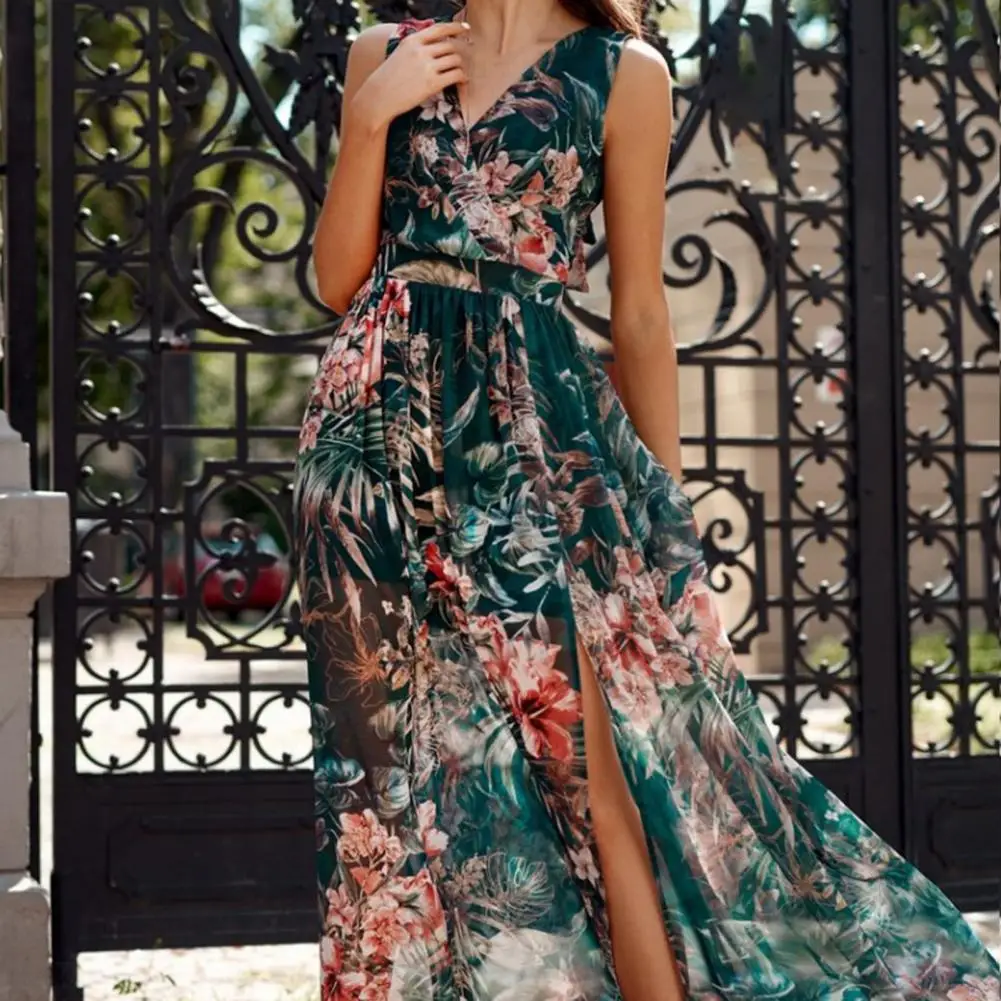 

Trendy Party Dress Slim Temperament Women Dress Flower Pattern Long Dress