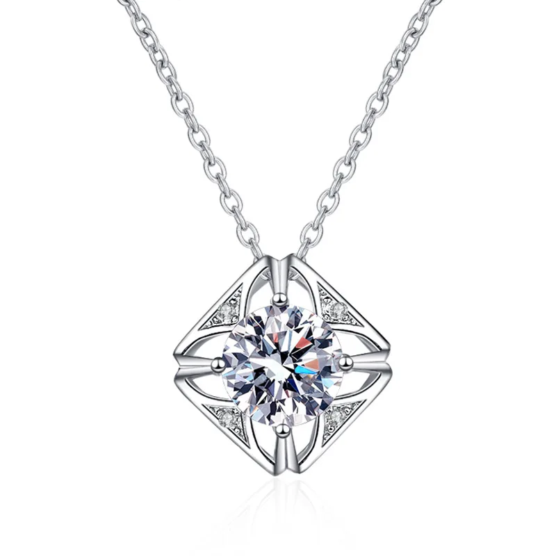 

HTOTOH S925 Sterling Silver Classic Square Pendant 1 Carat Moissanite D Color Necklace Matching Chain with Certificate