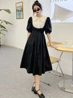 houzhou kawaii dress for women elegant vintage black sweet puff sleeve maxi dress lace patchwork lolita preppy style summer robe