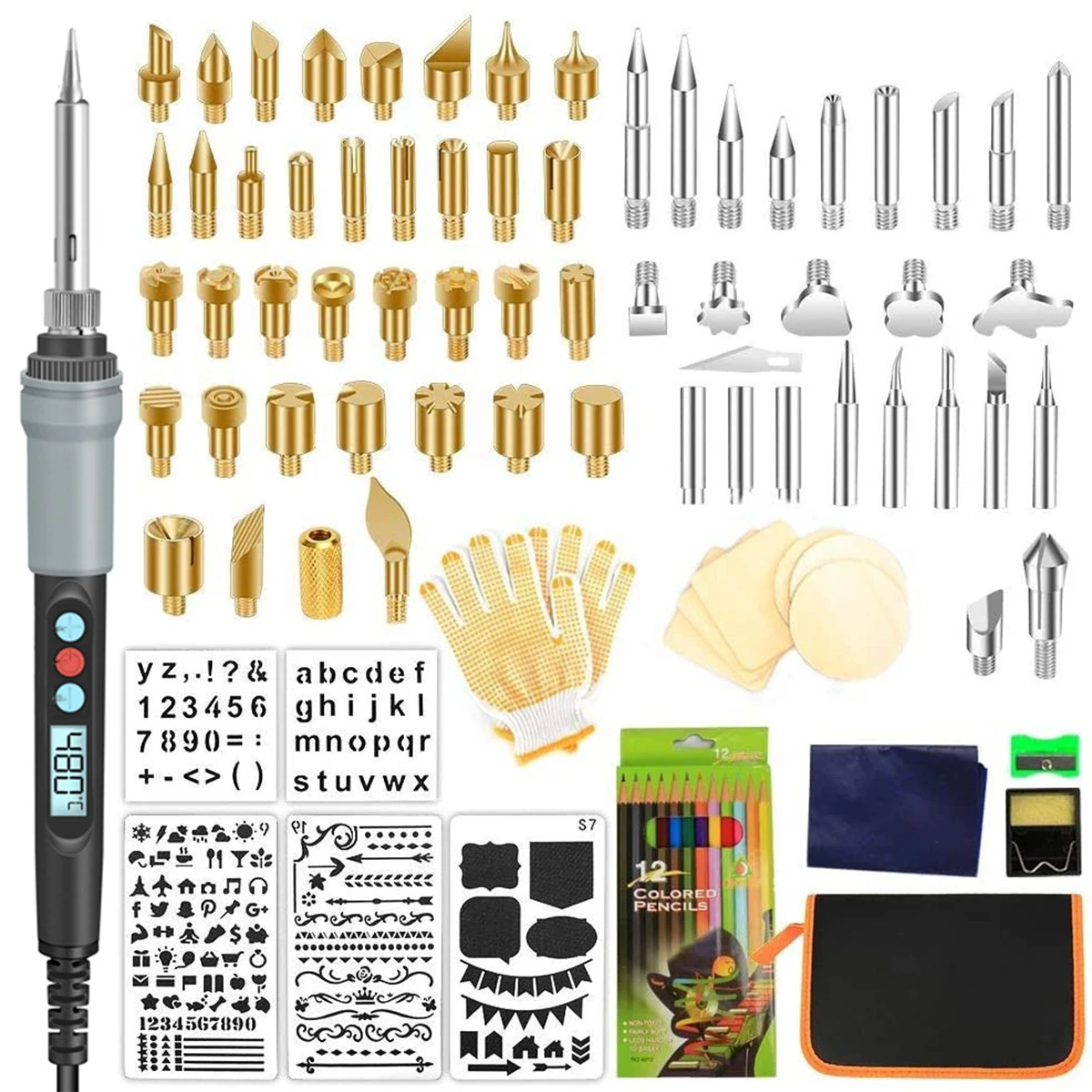 

L 110Pcs Wood Burning Pen Kit with LCD Display Professional Wood Burning Pen Burner DIY Wood Burning Tool Pyrography Set