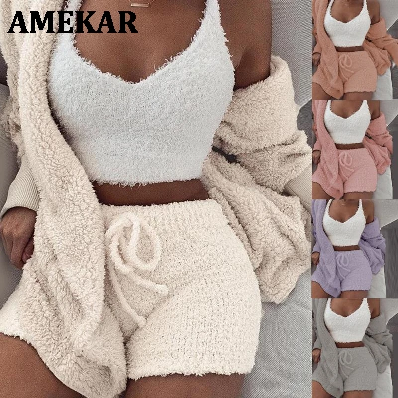 

Three Piece Sexy Fluffy Sets Velvet Plush Hooded Cardigan Coat+Shorts+Crop Top Women Tracksuit Casual Sports Overalls Sweatshirt