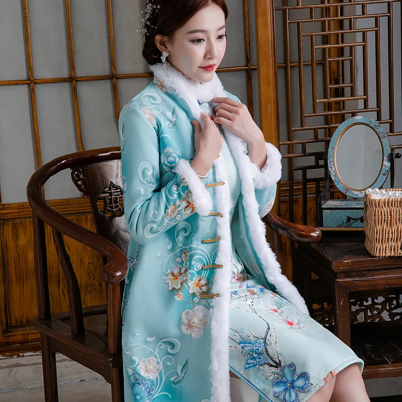 Autumn Slim Qipao Pink Green Women Ethnic Elegant Vintage Faux Rabbit Fur Cheongsam Chinese Dress Traditional Robe Orientale New