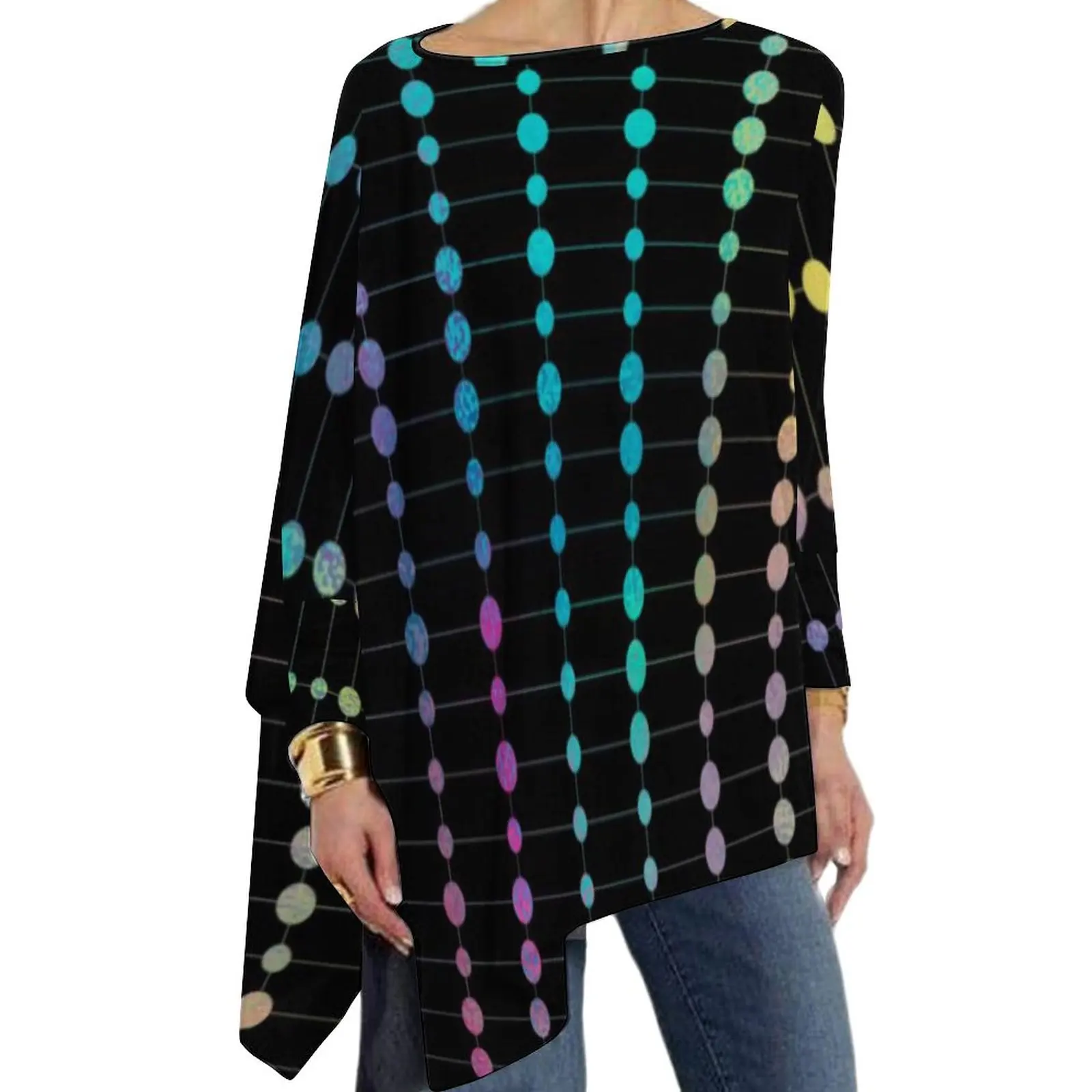 

Colorful Dots And Stripes T-Shirts Elegant Modern Print Casual Long-Sleeve T-Shirt Vintage Tees Women Clothes Big Size 5XL 6XL
