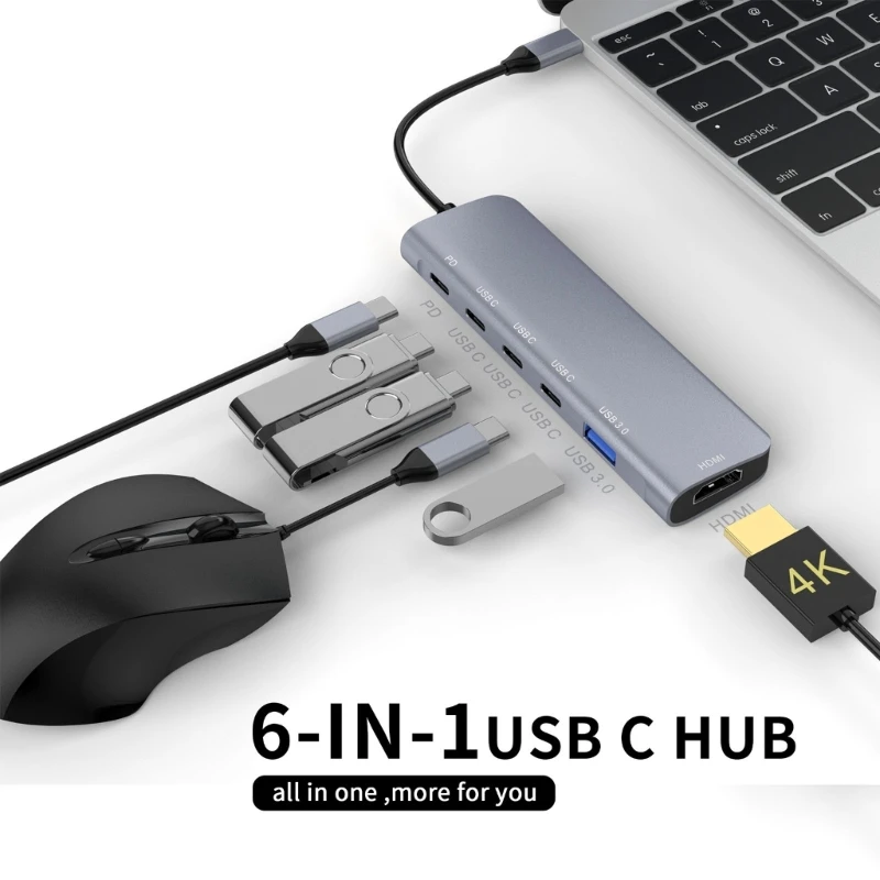 

Multi Functional Type C Hub 6 in 1 Adapter Aluminum USB Docking Station High Speed USB 3.1, 100W Charging,4KHDMI Drop Shipping