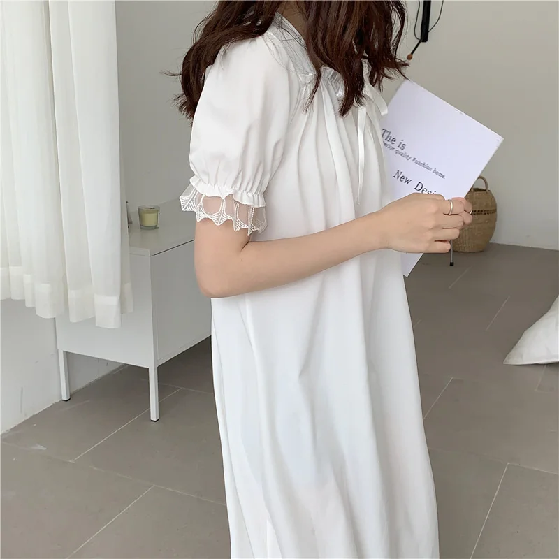 Summer Short Sleeve Nightdress Women Silk Kawaii Nightgowns Elegant White Nightwear Comfy Sleepwear Night Dress Pajama for Lady