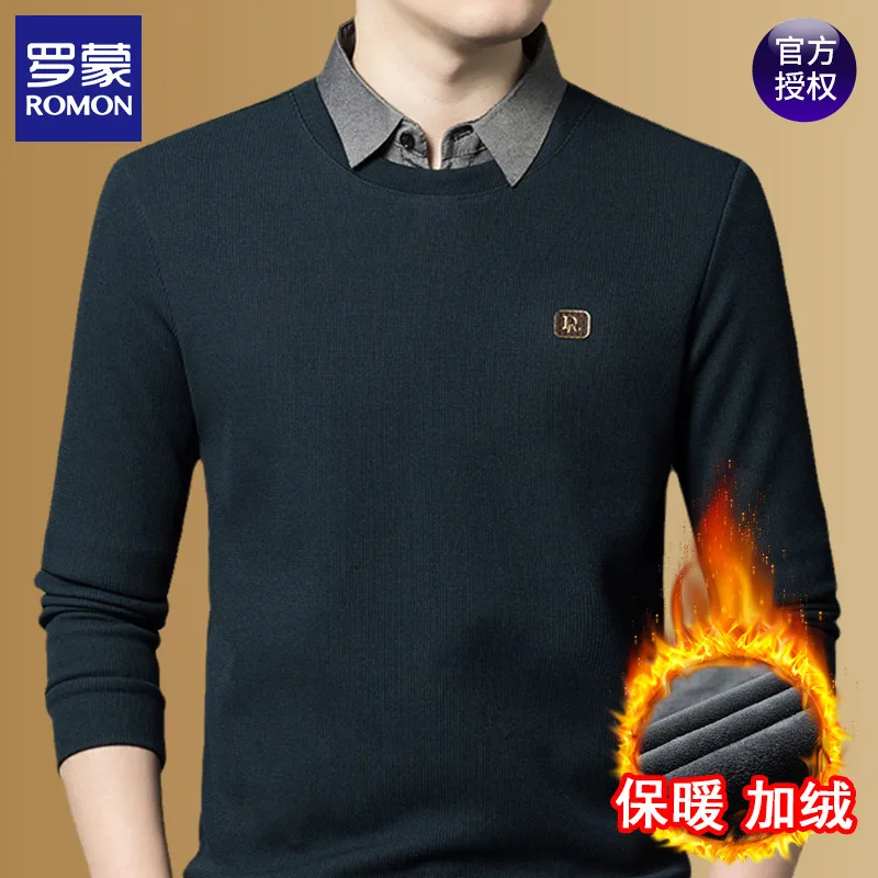 Romon Winter New Young and Middle-Aged Fake Two-Piece Bottoming Shirt Men Lapel Long sleeves Fleece-lined Thickened War...