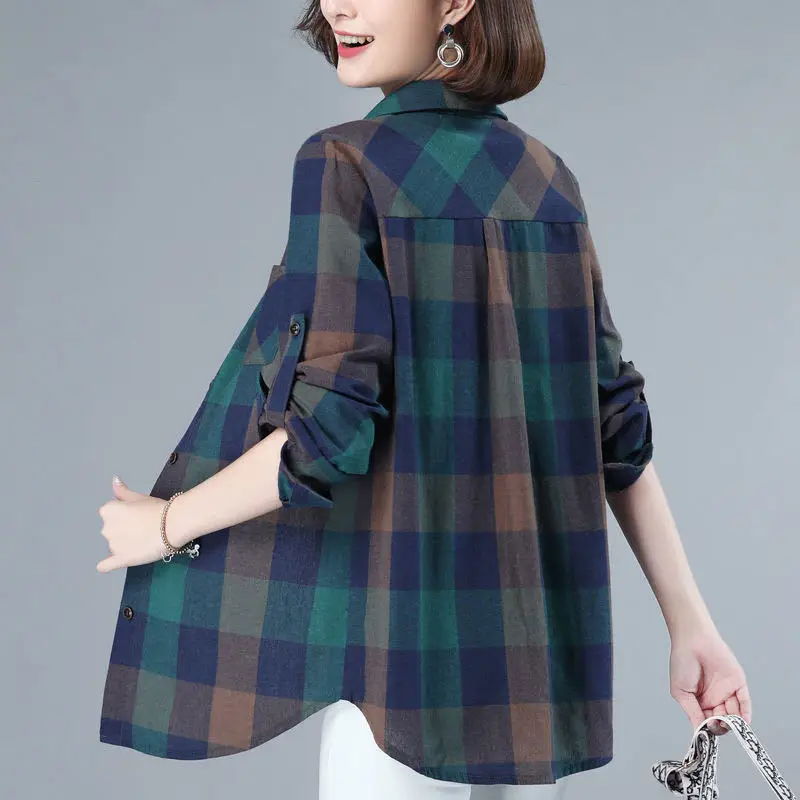 

Stylish Spliced Pockets Asymmetrical Lattice Shirt Women's Clothing 2022 Autumn New Oversized Casual Tops Loose Korean Blouse