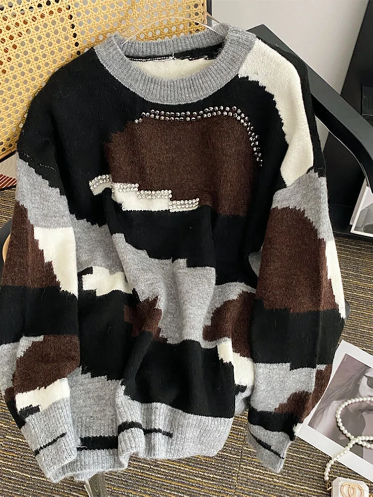 

Женский вязаный пуловер контрастных цветов с эстетичным принтом, Осень-зима 2022, вязаная одежда с круглым вырезом, женский свободный свитер ...