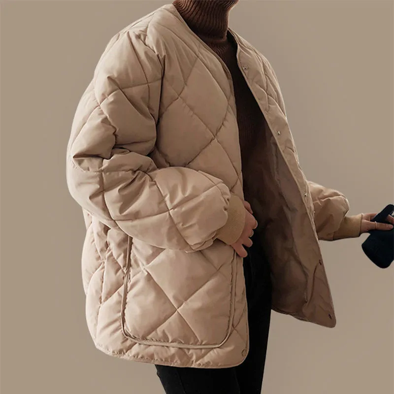 Women's Winter Solid Color Parka Coat Diamond Plaid Cotton Jacket Women's Korean Round Neck Thick Warm Bread Coat Women Coat