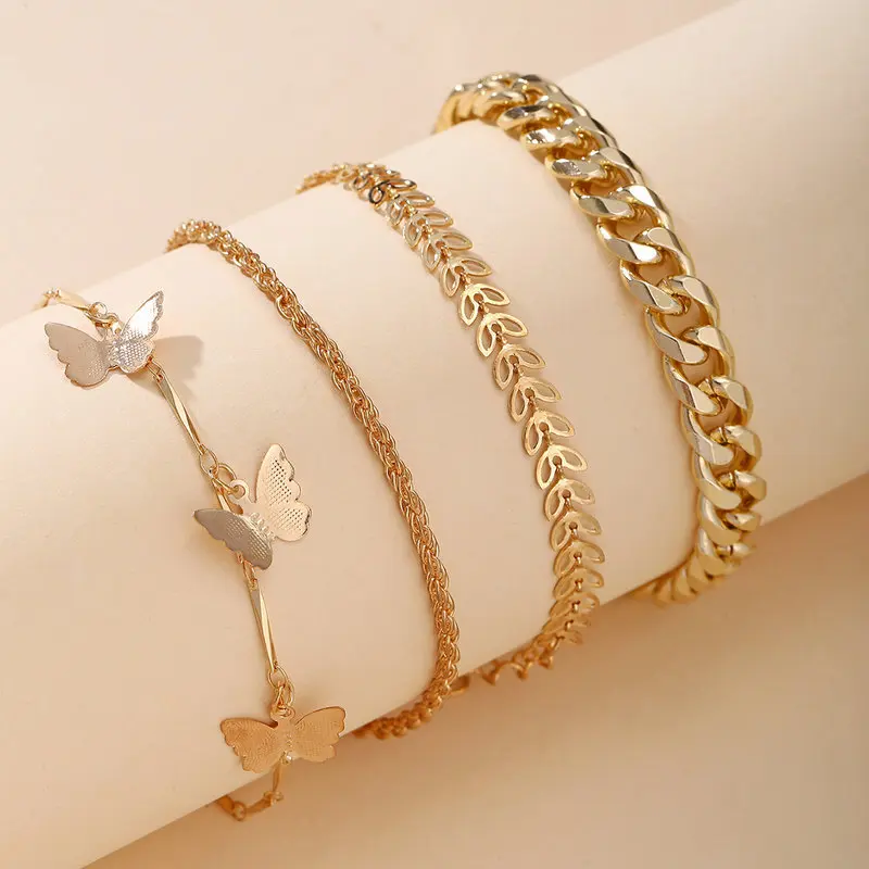 

New Simple Butterfly Chain 4 Piece Anklet for Women Creative Luxury Alloy Metal OL Trend Fashion Wedding Party Anklet Jewelry