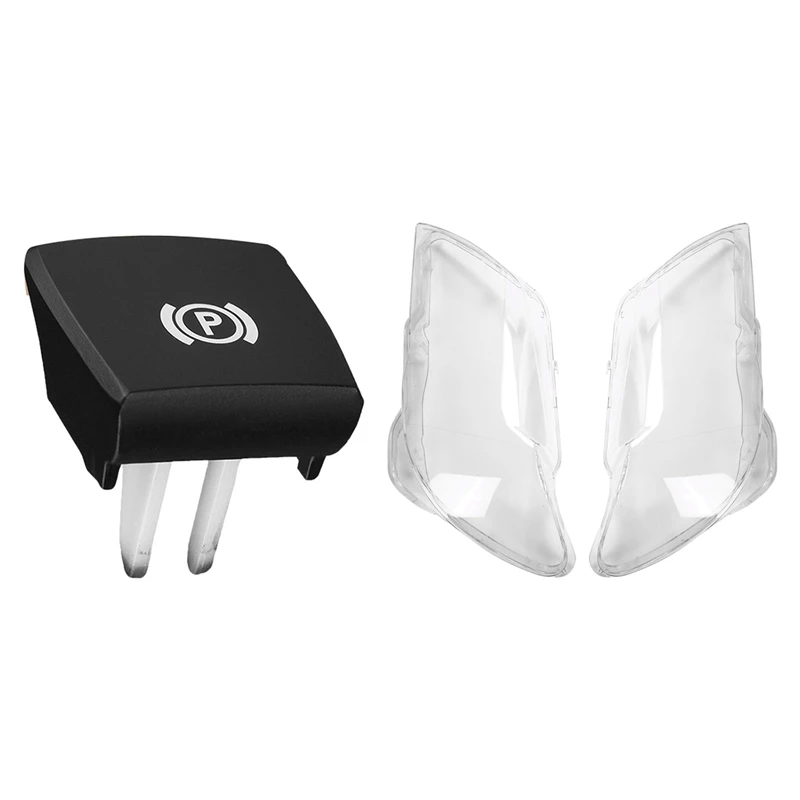 

1 Pair Car Clear Headlight Lens Shell Cover & 1Pcs Car Parking Brake Hand Brake P Button Switch Cover for Bmw