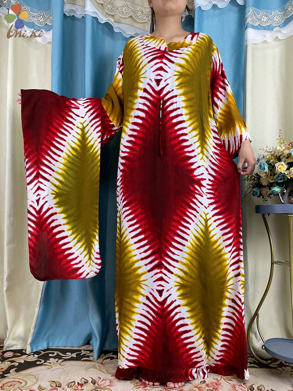 Muslim Abaya Dress New African Women Long Sleeve Belt Colorful Dashiki Cotton Floral Dress Paired with Scarf Casual Clothing