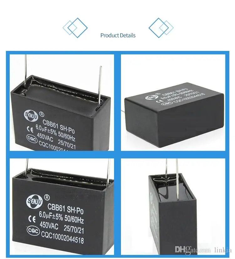 

CBB61 Pin Capacitor 1uf 1.2uf 1.5uf 2uf 2.5uf 3uf 3.5uf 4uf 5uf 6uf 8uf 10uf 450VAC Air Conditioner Fan Starting Capacitor