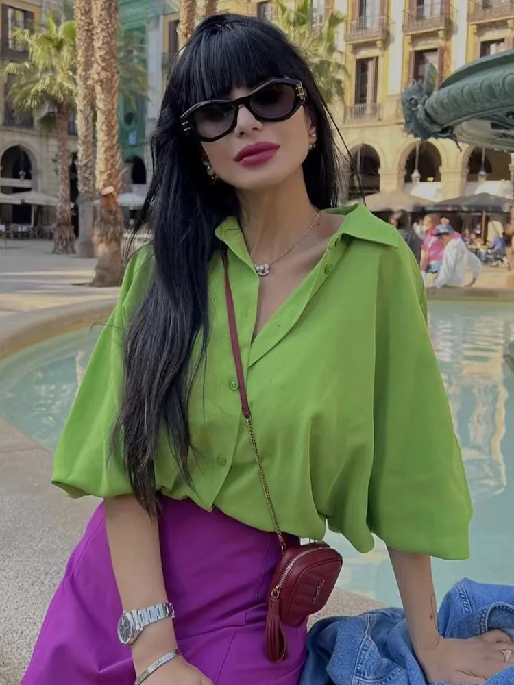 

YLJHQX 2022 Women Spring Fashion Green Loose Shirt Retro Long Sleeve Lapel Single Breasted Chic Female Top