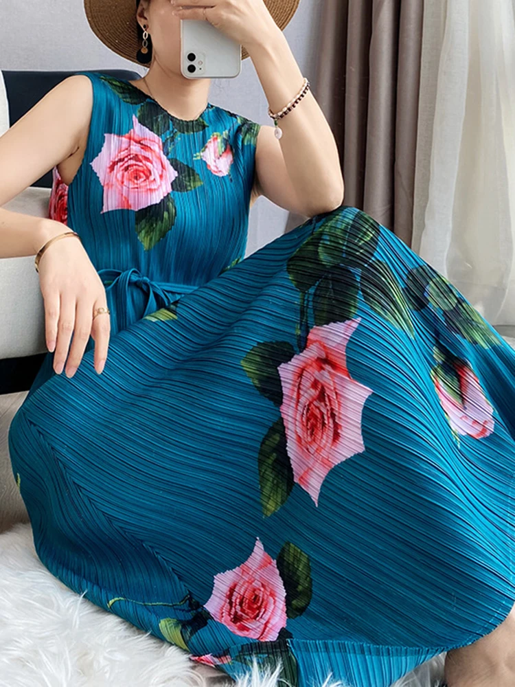 Женское плиссированное платье LANMREM до середины икры с высокой талией и круглым