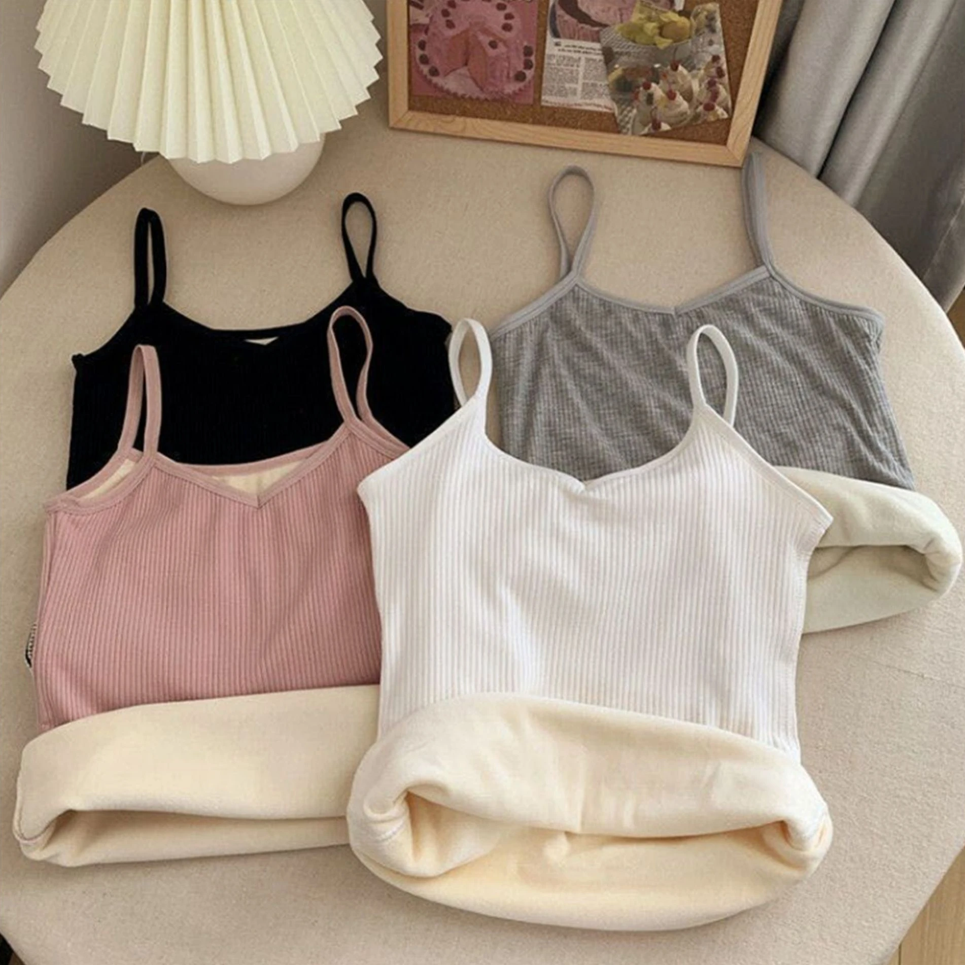 Winter Velvet Thickened Undershirt Women Solid Color Slim Cozy Thermal Underwear Camisole Warm Sling Vest Top Bottoming Clothing