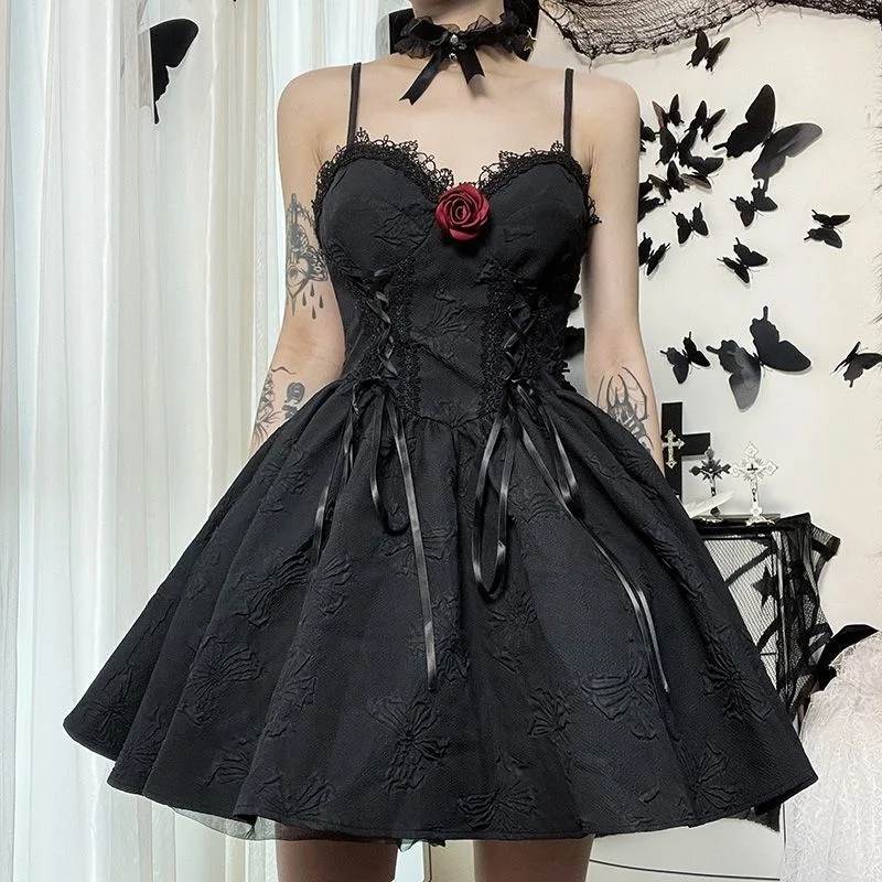 

DARKLOOKS Lolita Dark Jacquard Strap Skirt Women's subculture Lace Tie Waist Slim Princess Dress