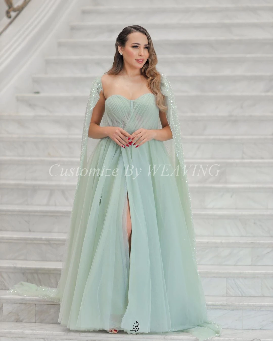 

Женское длинное вечернее платье с шалью, Тюлевое плиссированное платье до пола с вырезом сердечком и разрезом спереди, платье для выпускного вечера в стиле Саудовской Аравии