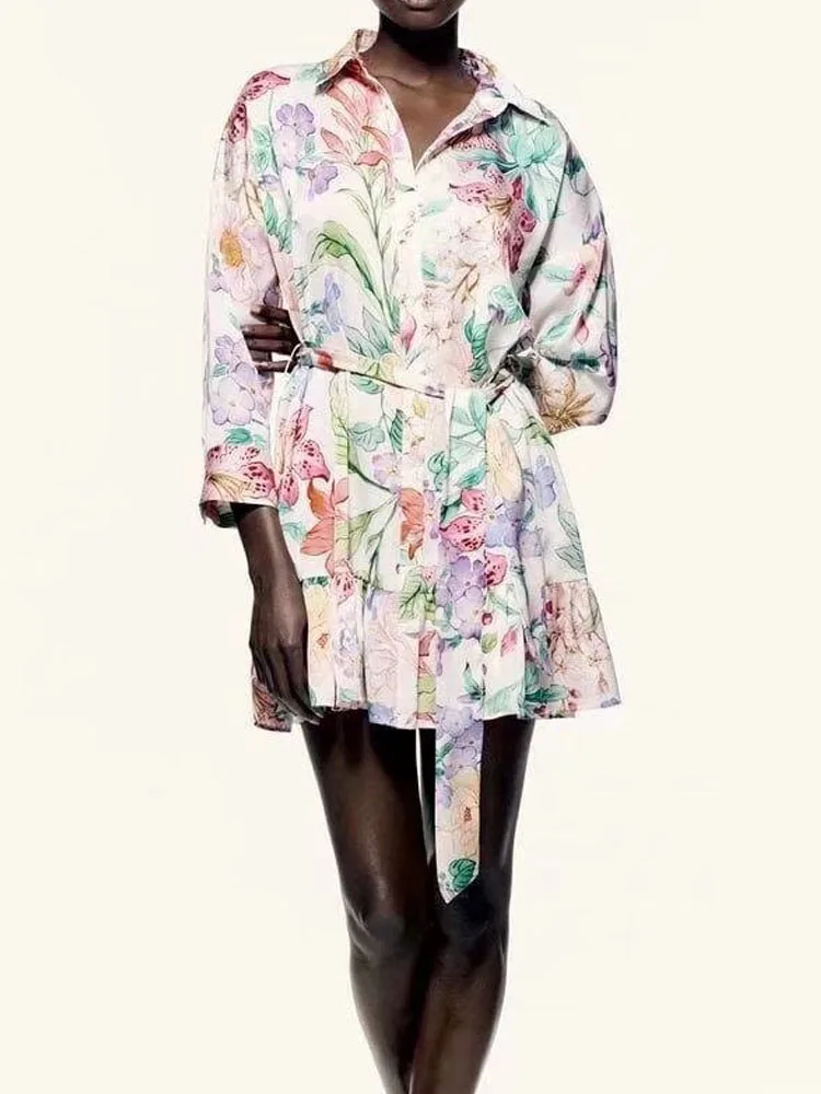 

Kumsvag 2022 Summer Women Shirts Dress Vintage Floral Print Sashes Bow Tie Female Fashion Elegant Street Mini Dresses Vestidos