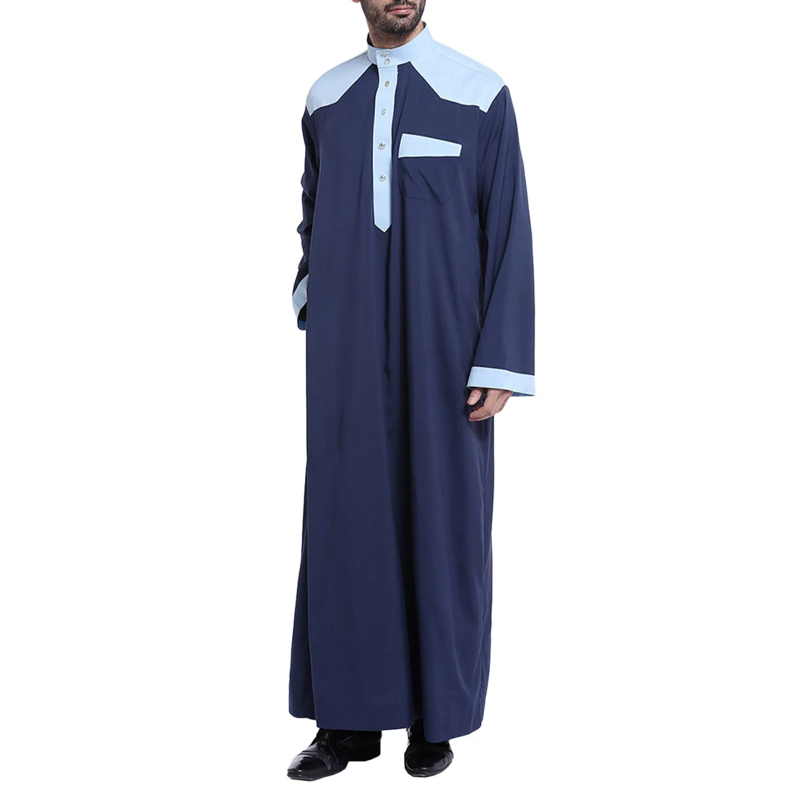 Men's Casual Muslim Arab Middle Patchwork Collar Long Sleeved Robe All- Button Shirts