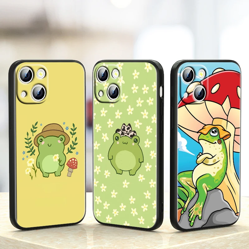

Frog Mushroom Kawaii For iPhone 13 12 11 Pro MAX mini XS MAX XR X 7 8 6 5S SE 2020 Plus Soft Black Phone Coque Fundas
