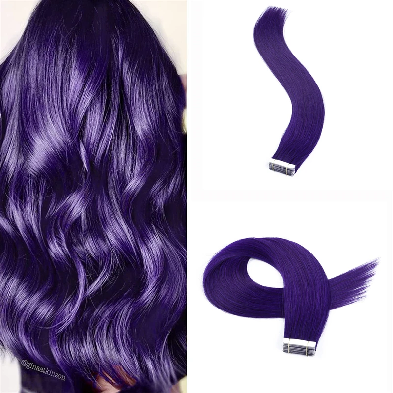 Real Human Hair Tape in Hair Extensions Dark Purple Natural Silky Straight Seamless Skin Weft Tape in Hair Extensions For Women