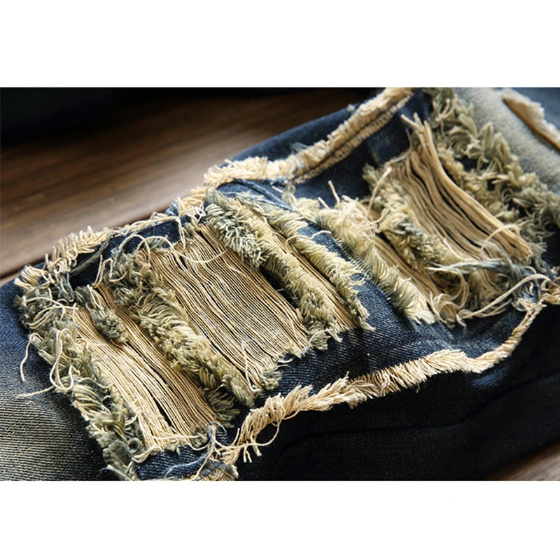 Winter Men Fleece Warm Jeans High Quality Straight Patch Beggar Hole Jean Trousers Regular Fit Thicken Flocking Warm Men's Pants