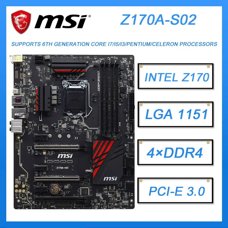 

1151 Motherboard MSI Z170A-S02 Motherboard Intel Z170 1151 DDR4 64GB PCIe 3.0 USB 3.1 SATAIII M.2 ATX Supports 6th Gen cpus