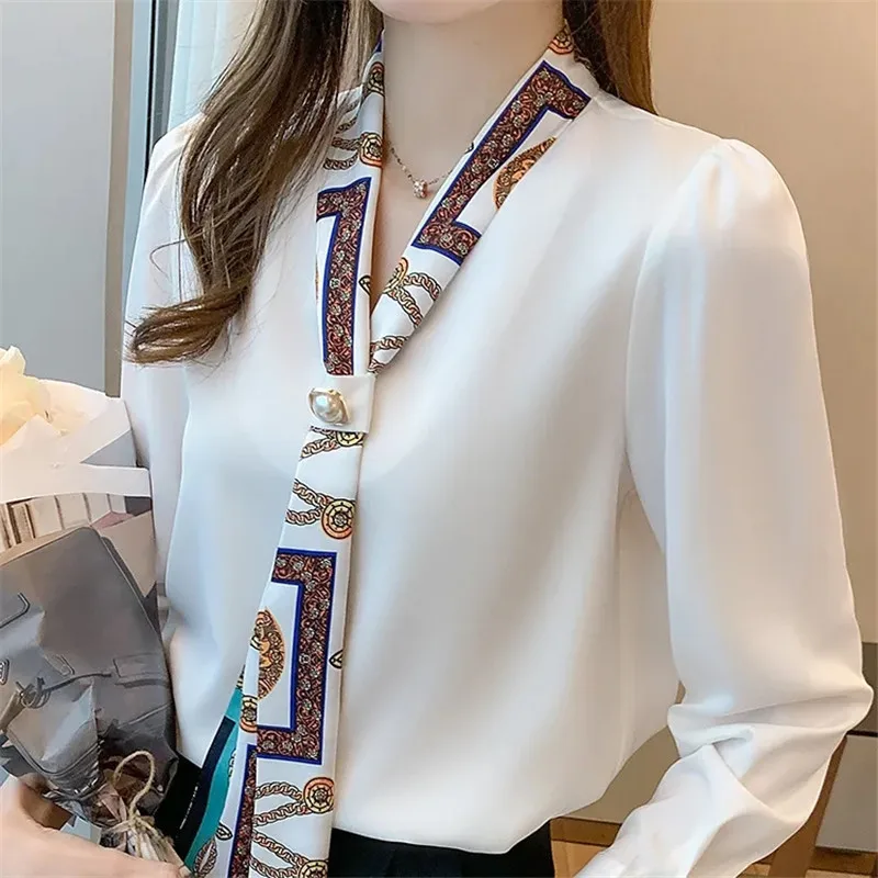 

Women Chiffon White Shirts 2023 Spring Autumn Scarf Collar Elegant Top Design Sense Office Ladies Blouse Long Sleeve Satin Shirt