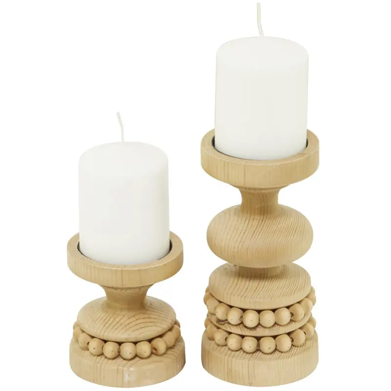 

Candle Brown Wood Beaded Pillar Candle Holder, Set of 2