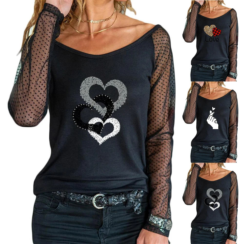 

Womens Mesh Long Sleeve T-Shirt Ladies Heart Print Casual Blouse Tops Tee Shirt Casual Printed Pullover Tops Wear Clothes